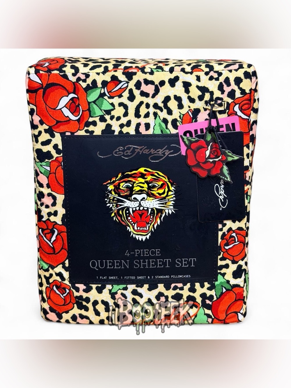 Ed Hardy 4-Piece Queen Sheet Set Leopard Print w Roses NEW VIRAL Y2K